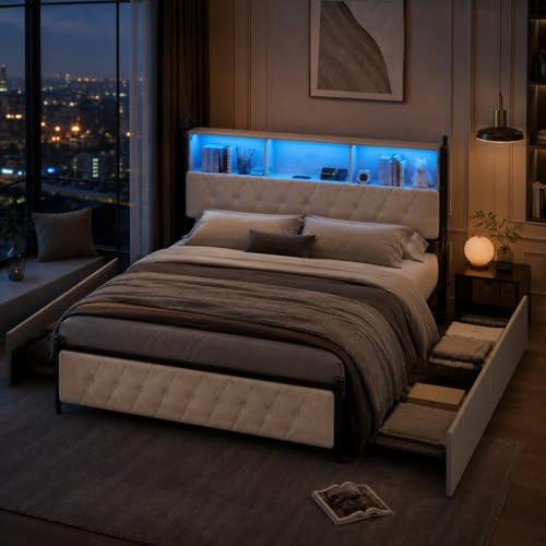 Letto Matrimoniale King Size 180x200 in Velluto con 4 Cassetti, Struttura Letto Imbottito XXL con Testiera Contenitore, LED e Ricarica USB/Type-C, Beige, Design di Lusso Salvaspazio, Nessun materasso