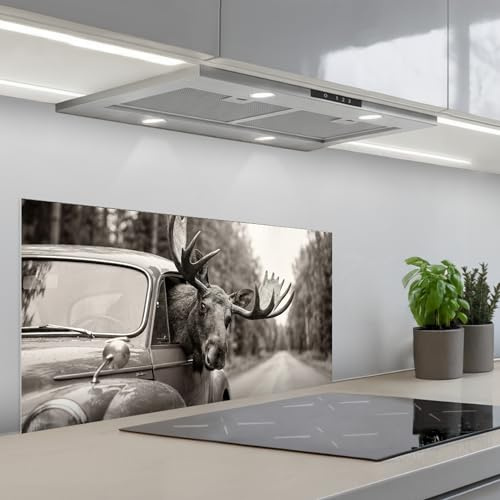KitchenYeah© Spritzschutz Küche Küchen Rückwand Küchendeko Wand Wandschutz | 90x45 cm - Selbstklebend Backsplash Kitchen Peel And Stick Elch - Auto - Geweih - Schwarz - Weiß