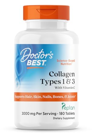 Doctor's Best Collagen Peptides Types 1 & 3 - Collagen Supplement for Women & Men, Supports Hair, Skin, Nails, & Joint Health, Includes 30 mg Vitamin C & 3 g Protein Per Serving, Non GMO - 180 Tablets