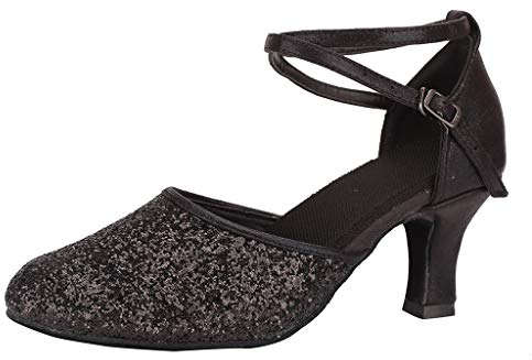 Damen Standard Latein Tanzschuhe Mode Elegant Ballsaal Tango Salsa Schuhe Party Hochzeit Pailletten Glitzer Weicher Boden Geschlossen Knöchelriemen Celucke (Schwarz, EU38)