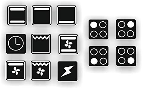ein Set mit 13 Stück Herd Aufkleber E Herd Beschriftung Ofen Koch Schalter Zeichen Symbole (R29/1) (Nr.2 weiße Symbole auf schwarzem Grund, 20x20mm)