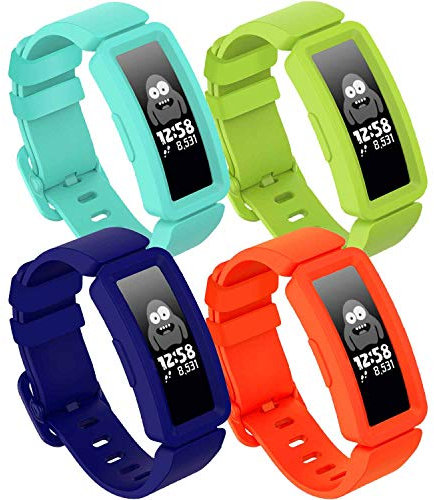 Armband kompatibel mit Fitbit Ace 2 für Kinder 6, weiches Silikon wasserdicht Armband Zubehör Strap Jungen Mädchen Armbänder Kompatibel für Fitbit Ace 2 (4 Blau, Limette, Orange, Rot und Blaugrün.)