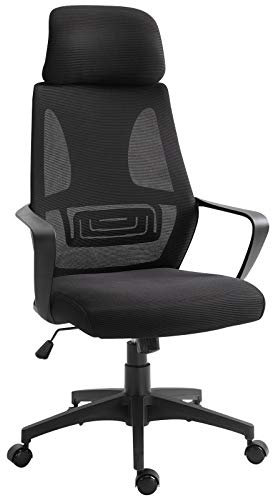 Vinsetto Silla de Oficina Silla de Escritorio Ajustable con Respaldo Reposabrazos Reposacabezas Ruedas Soporte Lumbar y Función Basculante Carga 120 kg 64x55x116-126 cm Negro