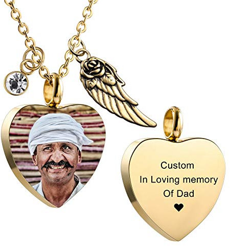 MeMeDIY Personalisierte Engelsflügel Anhänger Herz Urne Halskette Gravur Foto/Name Geburtssteine für Männer Frauen Hund Katze Haustier Edelstahl Asche Memorial (Farbe Gold)