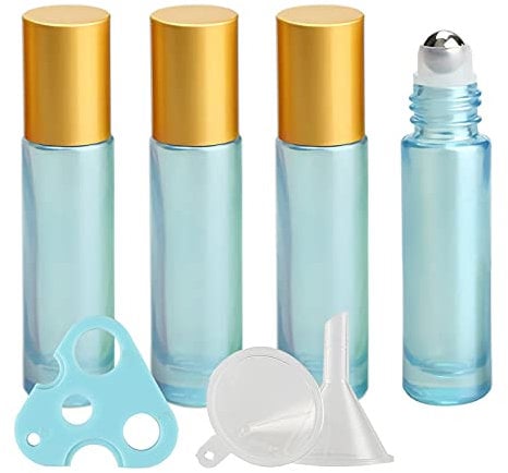 TIANZD 4 Pcs, 10ml Empty Blue Glass Essential Oil Roller Bottles with Gold Screw Cap Stainless Steel Rollerball Roll on Bottles Bottle for Essential Oil Perfume, 1x Funnel 1x Opener