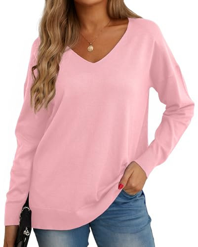 GRECERELLE Women's Casual Jumpers Sweatshirt Ladies Classic Plain Pullover Knit V Neck Long Sleeve Jumper Tops Blouse T-Shirt for Winter Fall Spring (13 Pink, XXL)