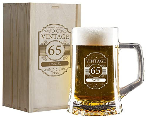 My original gift Chope à bière et boîte en bois gravées avec le nom, l'âge et l'année de naissance
