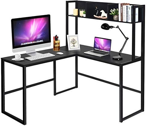 COSTWAY L-Shaped Computer Desk, 140 x 126 x 149cm Industrial Large 2-Person Corner Writing Workstation PC Laptop Table with Storage Bookshelf, Home Office Work Study Gaming Desk (Black)