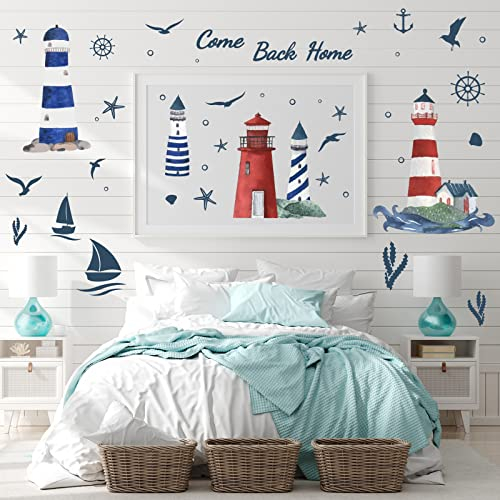 PLIGREAT Lighthouse Seagull Sailboat Wall Stickers, Removable Vinyl Peel and Stick Wall Decals for Nursery Bedroom Playroom Living Room Wall Decorations Home Indoor DIY Nautical Wall Art Decor