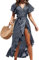 CUPSHE Women's Summer Wrap Maxi Dress - Casual Split Flared Sleeve V-Neck Ditsy Tie Waist Ruffle Beach Navy M