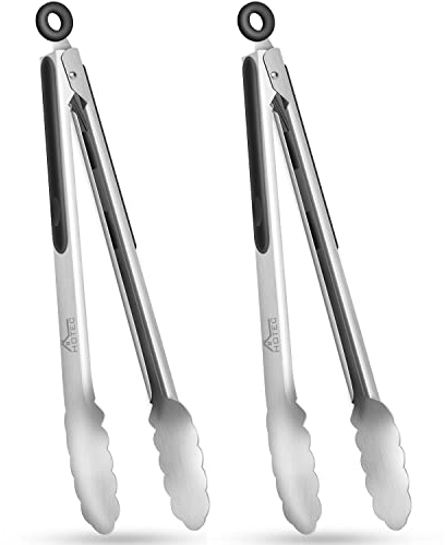 HOTEC Stainless Steel Kitchen Tongs Set of 2-12 inch, BBQ Locking Metal Food Tongs Non-Slip Grip (Black)