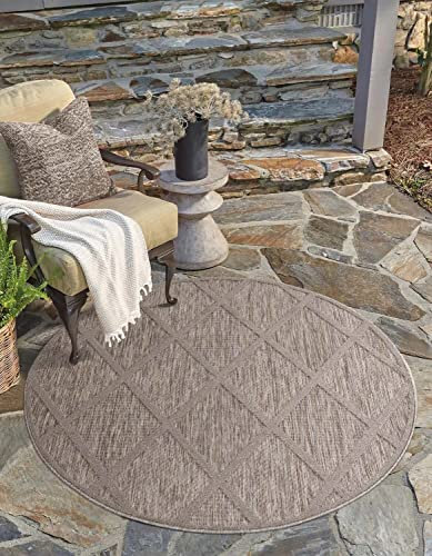 carpet city In-& Outdoor Teppich - Rund 200 cm - für Innen-& Außenbereich - Wetterfest Balkon-Teppich, Terrasse, Flur, Küche - Wohnzimmer-Teppiche - Hochtief/ 3D-Effekt - Raute-Optik in Braun