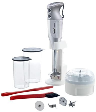 bamix Stabmixer Set M350 MAXX inkl. Ständer, 2 Becher, 4 Aufsteckteile, Processor, Spachtel, Reinigungsbürste, 300 Watt, Made in Switzerland, Weiß/Lichtgrau