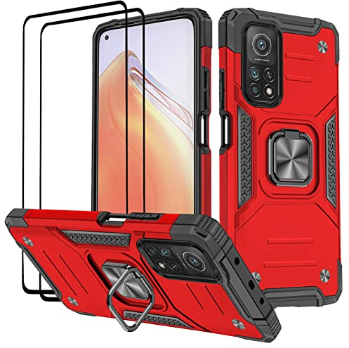 KANSi Hülle für Xiaomi Mi 10T PRO/Mi 10T, Schutzfolie [2 Stück] Silikon TPU Hart PC Handy Hüllen 360 Grad Drehbar Ringhalter Bumper Stoßdämpfung Schutzhülle - Rote
