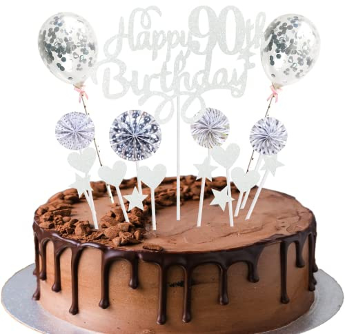 Tortendeko 90. Geburtstag - Kuchen Topper Happy Birthday 90 Jahre - Deko für Mann und Frau - Silber Kuchendeko