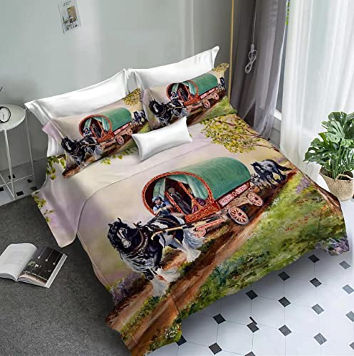 Biznest Complete Bedding Set 4 Pcs Fitted Bed Sheet Duvet Cover 2 Pillow Cases Wagon Caravan Picture Print (Style Caravan 3, King)