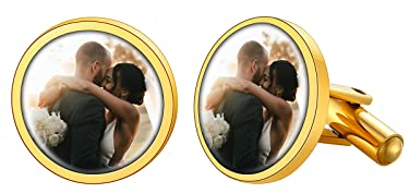 Supcare Manschettenknöpfe Herren Personalisiert Foto Männer Hemd Anzug Zubehören 18k vergoldet Mode Schmuck Klassisch Rund Cufflinks für Vatertag Weihnacht B.Foto-Gold
