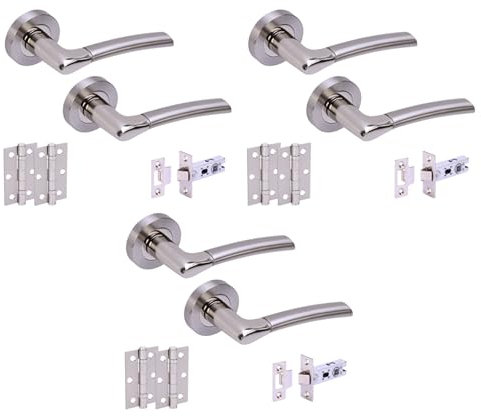 HANDLEZONE® 3 Sets Ursa Internal Door Handles on Rose Lever Latch Packs with 75mm Ball Bearing Hinges and 76mm Latches - Dual Polished/Satin Nickel