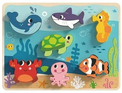 Tooky Toy Meerestiere Holzpuzzle mit verschiedenen Schichten, 8 Stück Chunky Vorschule Spielzeug,Didactico