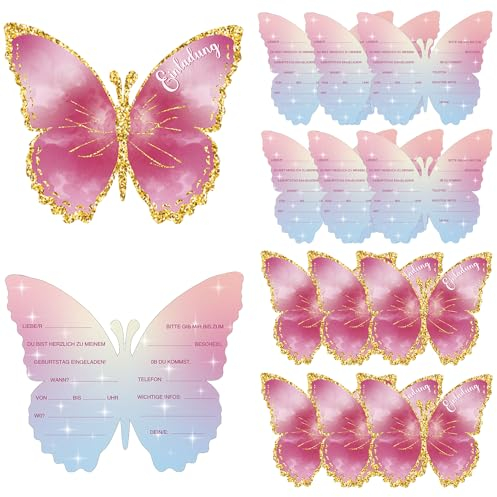 Mmgoqqt 12 Stück Einladungskarten Kindergeburtstag Mädchen, Schmetterling Einladungskarten, Deutsch Einladungskarten Schmetterling für Mädchen Partyeinladungen