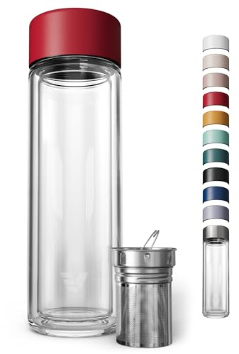 EVER VESSEL Multi-Wasserflasche und Thermoflasche aus Glas mit Tee-Ei, doppelwandiges Borosilikatglas, spülmaschinenfest, kein Kunststoff berührt den Inhalt, perfekt für Büro oder Zuhause, Rot