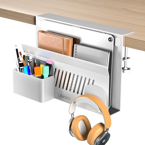 Litwaro Desk Side Storage, No Drill Laptop Holder with Magnetic Pen Holder, Under Desk Laptop Mount with Sticky Headphone Holder, Hanging Desks Organizer Fits Flat Edges 0.4 to 2 (White)