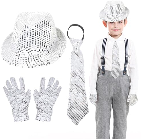EUPSIIU 3 Stück Shinny Pailletten Kostüm Kinder Jazz Hip-Hop Dance Performance Zubehör mit Pailletten Hut Krawatte Pailletten Handschuhe Latin Jazz Mardi Gras Cosplay Abschlussball Party