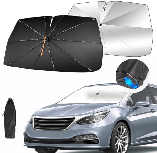 GOHHME Parasol Parabrisas para Coche Parasol para Coche Diseño Plegable con Muelle Giratorio 360° 10 Costillas Protección Solar Bloqueo UV Parabrisas Delantero Fácil de Instalar 150 * 82 cm