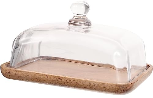 Fruit Bowl Clear Butter Cheese Tray, Mini Cake Stand with Dome Covered Small Cake Plate Wooden Cake Dish Cake Display Tray Rectangle Wood Platter with Glass Lid Glass Dinner Plates (7X4.6inch)