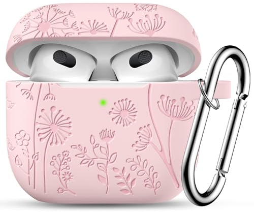 Ouwegaga Fiore Inciso Custodia Compatibile con AirPods 3 Generazione, Silicone Protettiva Cover Compatibile per Apple AirPods 3 Case Cover 2021, con Moschettone [LED Frontale Visibile], Rosa