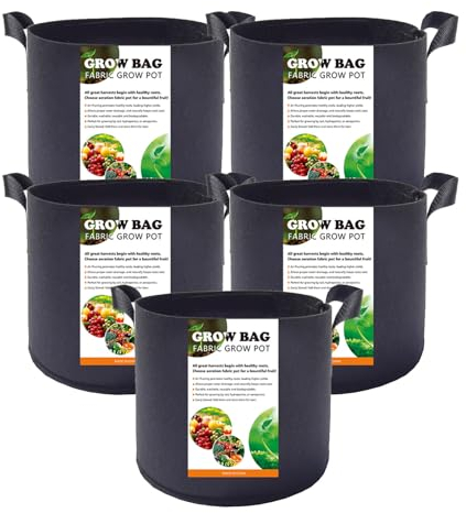 Ysguyyz Paquete de 5 bolsas de cultivo grandes de tela con asas – Maceteros de tela no tejida resistentes para patatas, tomates, fresas y más (5 galones)