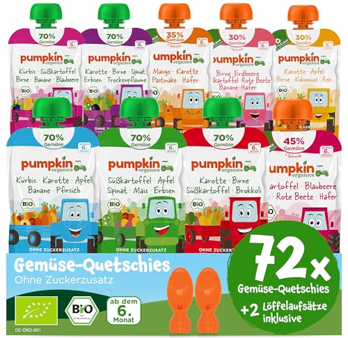 Pumpkin Organics 72er Pack ERSTE LIEBE Bio Gemüse-Quetschies mit 2 Löffelaufsätzen - Quetschie ohne Zuckerzusatz - Babynahrung für Babys ab dem 6. Monat - Vorratspaket (72x100g)