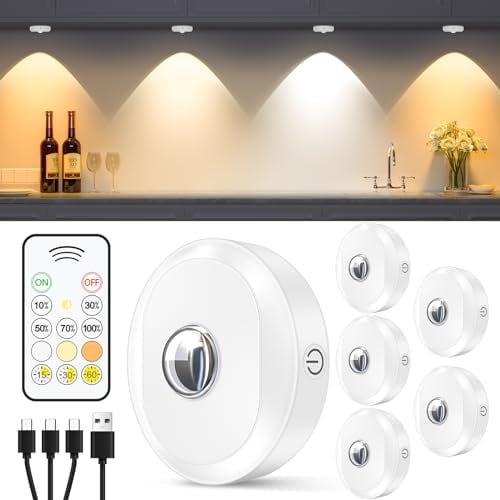 WILLED Schrankbeleuchtung Kabellos mit Fernbedienung, USB Aufladbar Vitrinenbeleuchtung LED, 1200mAh Batterie Unterbauleuchte Küche LED, Dimmbar LED Spot Akku mit Timing Funktion(6er Pack)