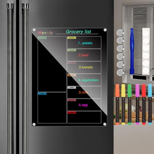 Ninyoon Weekly Calendar Meal Planner for Fridge, Magnetic Acrylic Fridge Menu Dry Erase Board with 6 Markers 6 Hanging Hardware 6 Gaskets - 1 Set (Black - 9.8x13 - Weekly)