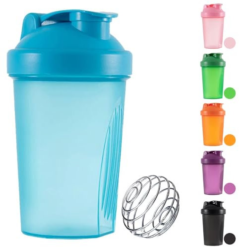 Protein Shaker Bottle 400ml, with Stainless Steel Mixing Ball, BPA Free, Easy to Grip & Temperature Safe Leakproof Flip On Lid Supplement Shaker Bottle for Gym Sports Workout (Blue)