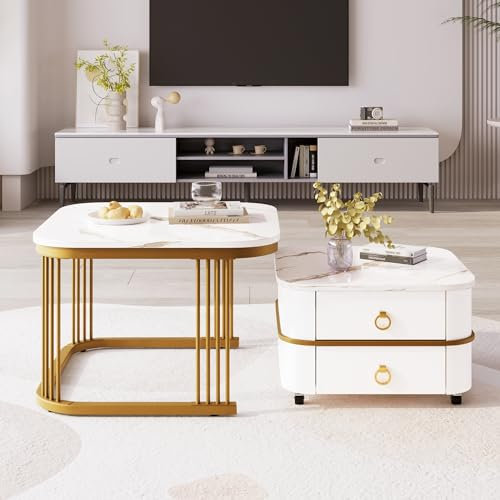 Satztisch,Couchtisch 2er Set, Moderne wohnzimmertisch 60x60x45+50x50x34cm,hochglänzende Marmoroptik, goldene Akzente, Beistelltisch mit Schubladen (Weiß und Gold)
