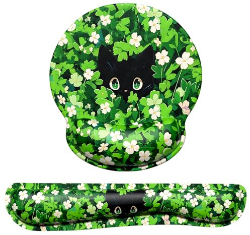 Dapesuom Keyboard Wrist Rest and Mouse Pad with Wrist Support, Cute Memory Foam Cushion for Keyboard and Mouse Set, Desktop Pad Rests with Non Slip Base for Easy Typing & Pain Relief, Anime Grass Cat