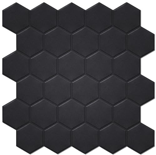 WalDecoo Lot De 10 Feuilles De Carreaux Muraux Autocollants De 1,6 Mm D'épaisseur, Carreaux Hexagonaux Noirs Mats Pour Décoration De Cuisine, Salle De Bain, Maison