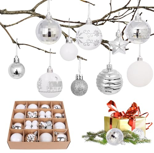 Minicoco Christbaumkugel-Set, 44 Stück, 9 Stile, Weihnachtskugeln, rot und weiß, bruchsicher, Weihnachtskugeln für Weihnachtsbäume, Kranz, Girlande, Dekoration, hängende Kugeln (Silber und Weiß)