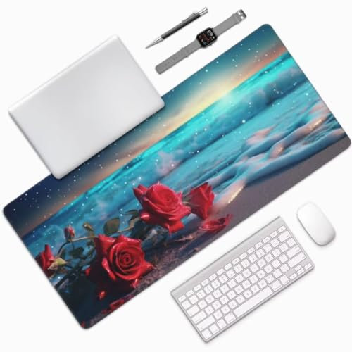 Strand Mauspad XXL Mauspad 800x300 mm Schreibtischunterlage, Wasserdicht Mauspad Rose Mousepad XXL, Gaming Mauspad Groß Verbessert Präzision und Geschwindigkeit, für Gaming Zubehör Zimmer Deko -MU744