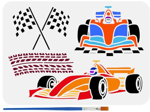 FINGERINSPIRE Racing Car Stencil with Paint Brush - Formula 1 Transportation Drawing Template with Flag and Tire Tracks for Wall Tiles and Floor