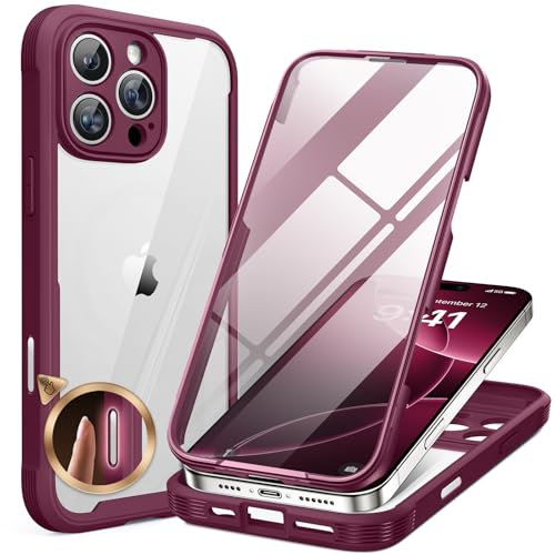 Miracase Glass Case for iPhone 16 Pro Case 6.3-Inch,[Camera Control Button Covered] + [Built-in 9H Tempered Glass Screen Protector without Bubble] Full Body Bumper Clear Back Cover (Wine Red)