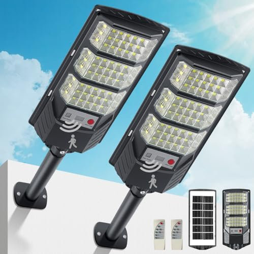Lampadaires solaires extérieurs, lumière solaire extérieure 8500K, éclairage inondé LED étanche à l’eau de crépuscule à l’aube avec détecteur de mouvement et télécommande, lumières de sécurité pour pa