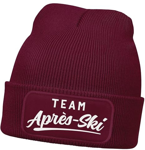 MoonWorks® Herren Beanie mit Patch Strickmütze Skifahren Party Skiurlaub Spruch Aufdruck Lustig Mütze Männer Bordeauxrot Unisize