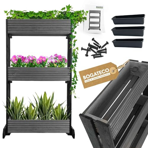 BOGATECO Set mit 3 Blumentöpfen auf einem Ständer | 3er Set Blumentopf Pflanzkübel 64x20cm | Holz Blumenkübel für Tomaten und Blumen, Pflanzentopf für Garten Balkon | 120cm Hoch