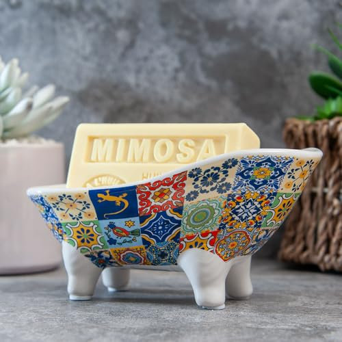 Label Provence Nature Savon de Marseille Soap Dish - French Vintage Style Ceramic Clawfoot Bathtub - Self Draining Multipurpose Holder - Perfect for Bathroom Kitchen or Home Decor - 14.5 x 7cm x 6.5cm