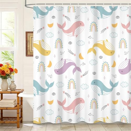 Kzzfqxb 165x180cm Tende da Doccia con cartoni belle balene colorate che nuotano nel cielo, Tessuto in poliestere impermeabile con ganci, Decorazione fantasia carina per bambine bambino vasca bagno