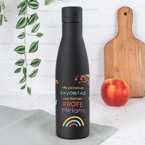 Wanapix | Botella de Acero Inoxidable para Profesoras | Color Negro | 500 ml. | Doble Capa | Térmica | Personaliza con Nombre de la Profe | Regalo Fin de Curso | Mis personas favoritas me llaman profe