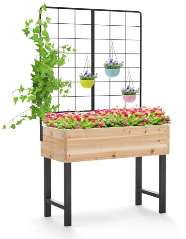 COSTWAY Hochbeet mit Spalier, Blumenbeet mit Drainagespalten, Gartenbeet Pflanzkasten Holz, Blumenkasten mit Rankgitter für Kletterpflanzen, Garten Balkon Terrasse, Metallrahmen, 79 x 35 x 138 cm