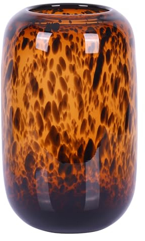Amber Brown Glass Vase – Round Art Glass Vase with Tortoise Shell Pattern, Hand Blown Wide Mouth Decorative Centerpiece for Living Room, Dining Table or Entryway Home Decor
